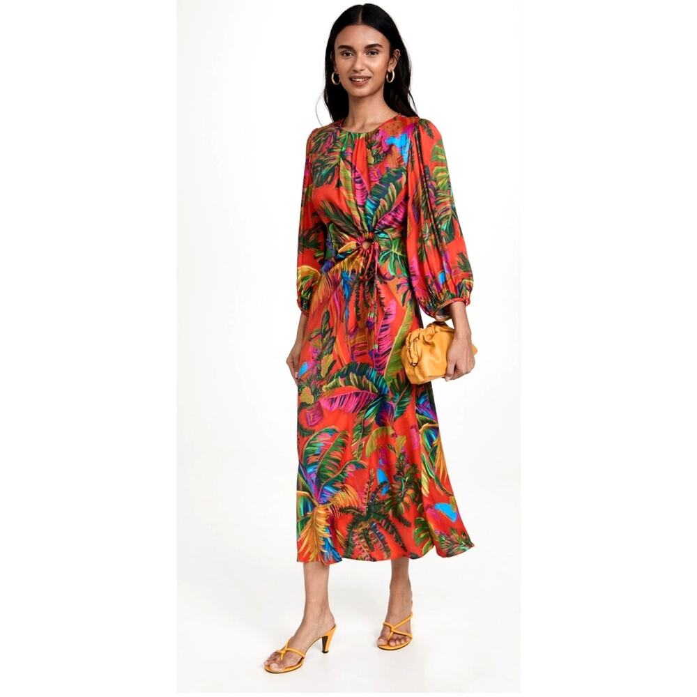 Farm Rio $265 Urban Jungle Cut-out Midi Monstera Colorful Floral Dress XS S1